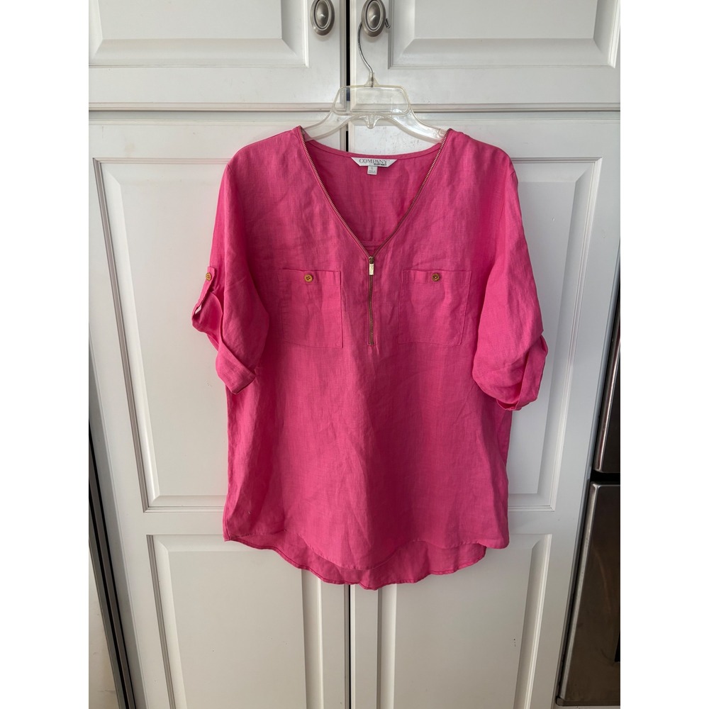 Company Ellen Tracy Pink 100% Linen Half Zip Roll Tab Sleeve Blouse Large Peony